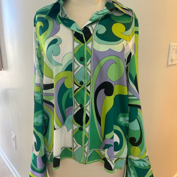 ZARA Green Multi-Print Tie-Front Button Shirt NWT looks like Pucci - Picture 6 of 6